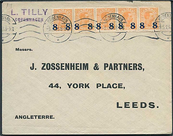 8/7 øre Provisorium i vandret 5-stribe på brev fra København d. 9.5.1923 til Leeds, England.