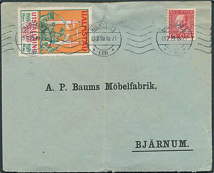 15 öre Gustaf og Halmstad Utställning 1929 mærkat på brev fra Halmstad d. 13.2.1929 til Bjärnum.