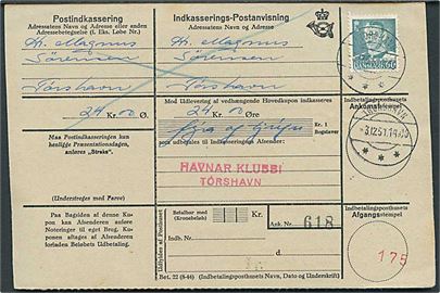 60 øre Fr. IX på retur Indkasserings-Postanvisning fra Thorshavn d. 3.12.1951.