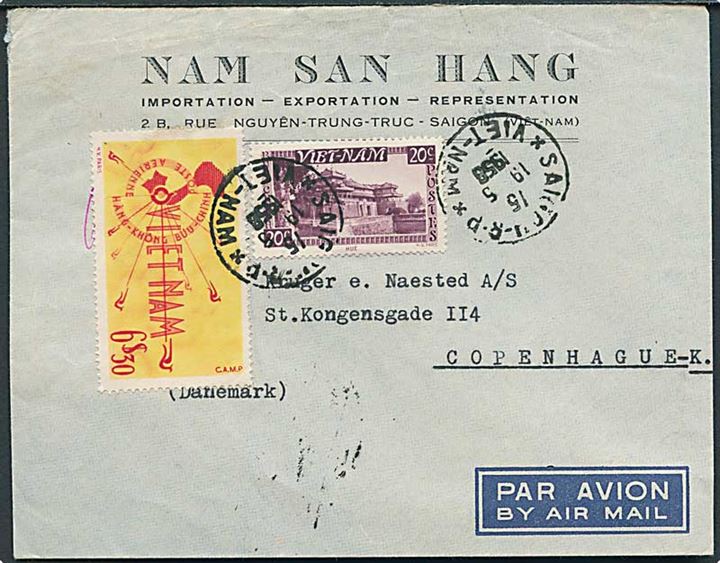 20 c. Hue og 6$30 Luftpost på luftpostbrev fra Saigon d. 19.5.1958 til København, Danmark. 