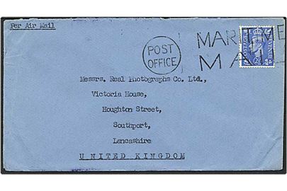 2½ pence blå på marine skibsbrev sendt med luftpost til Southport, England.