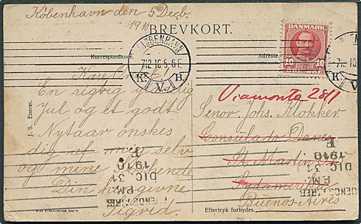 10 øre Fr. VIII på brevkort fra Kjøbenhavn d. 7.12.1910 til Buenos Aires, Argentina - eftersendt lokalt.
