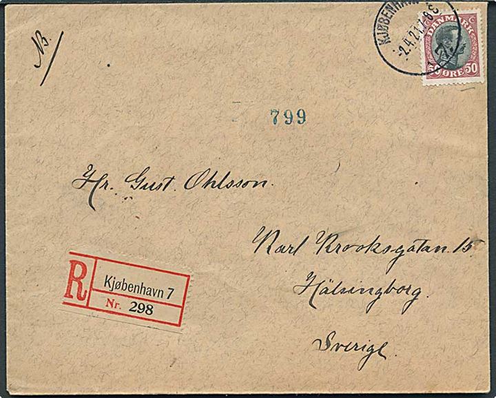 50 øre Chr. X single på anbefalet brev fra Kjøbenhavn d. 2.4.1921 til Hälsingborg, Sverige.
