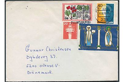 1,20 mk. blandingsfrankeret brev med Sydslesvig Julemærke 1979 i parstykke fra Flensburg d. 11.12.1979 til Odense, Danmark.