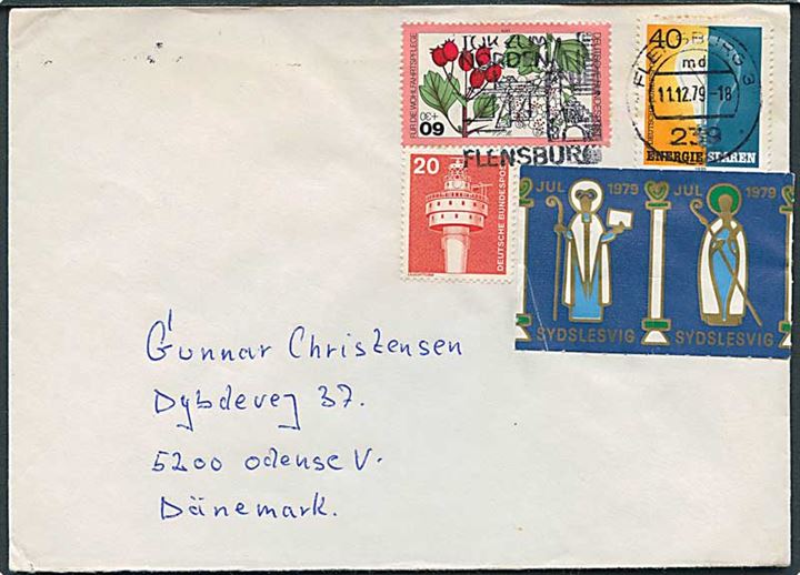 1,20 mk. blandingsfrankeret brev med Sydslesvig Julemærke 1979 i parstykke fra Flensburg d. 11.12.1979 til Odense, Danmark.