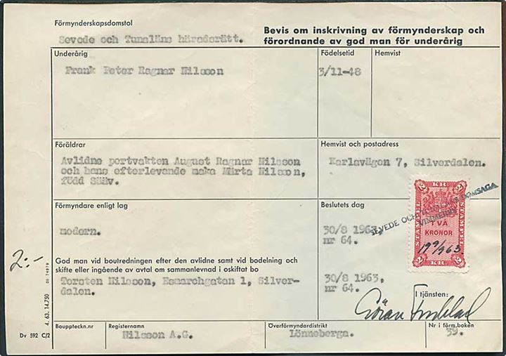 2 kr. Stempelmærke på dokument stemplet Vimmerby d. 9.9.1963.