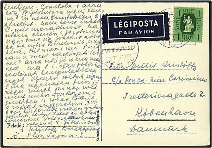 1 forint grøn på luftpost postkort fra Ungarn d. 21.11.1946 til København.