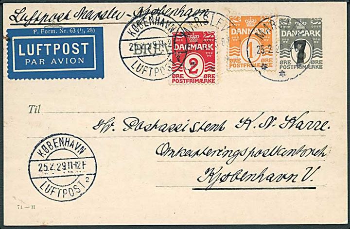 7/8 øre provisorisk enkeltbrevkort (fabr. 71-H) med 1 øre og 2 øre Bølgelinie sendt som isluftpost fra Marslev d. 25.2.1929 til København. 