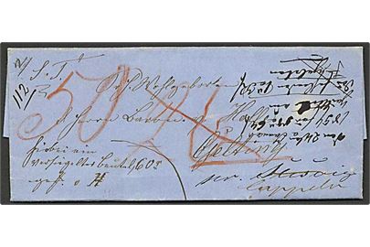 1859. Adressebrev dateret Taarning Mølle d. 16.1.1859 for pakke til Gelting. Mange dirigeringer og påtegninger, Transit stemplet Schleswig d. 21.1.1859
