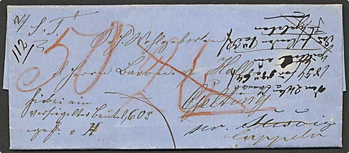 1859. Adressebrev dateret Taarning Mølle d. 16.1.1859 for pakke til Gelting. Mange dirigeringer og påtegninger, Transit stemplet Schleswig d. 21.1.1859