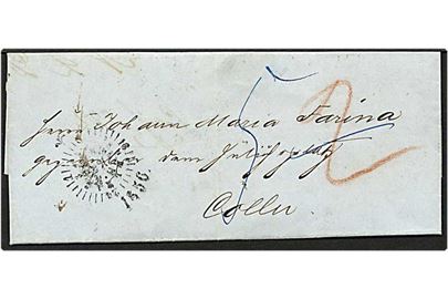 Ufrankeret brev fra Hamburg, Tyskland, d. 7.5.1856 til Køln. Påskrevet 2 med rødkrigt og 5 med blåkridt.