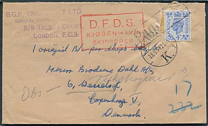 Engelsk 4d George VI på skibsbrev annulleret Paquebot og sidestemplet København K. d. 22.5.1951 og rødt D.F.D.S. Kjøbenhavn Skibsbrev til København.