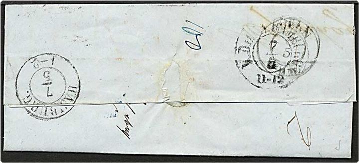 Ufrankeret brev fra Hamburg, Tyskland, d. 7.5.1856 til Køln. Påskrevet 2 med rødkrigt og 5 med blåkridt.