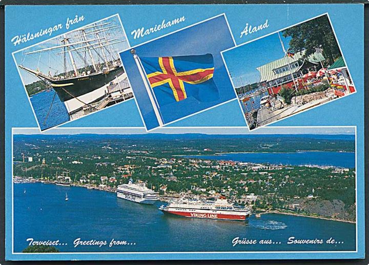 Åland I. klass på brevkort (Havnen i Mariehamn) annulleret med skibsstempel Turku Navire d. 13.8.2003 og sidestemplet Sweden-Åland-Finland / Viking Linie / M/S Isabella til Filipstad, Sverige.