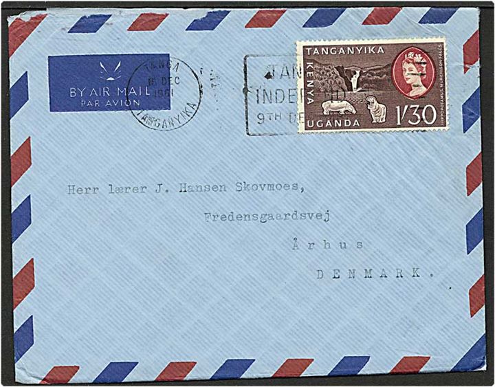 1'30 brun på luftpost brev fra Tanga, Tanganyika, d. 10.12.1961 til Århus.