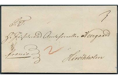 1849. Francobrev med blåt antiqua Kjøbenhavn d. 1.3.1849 til Hirschholm. Påskrevet 2 sk. bærepenge.