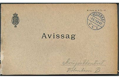 Avissag formular M.Form. Nr. 8 (1/7 17) med brotype IIa Hellebæk d. 4.6.1918 til Avispostkontoret. Vedhængende gennemslag.