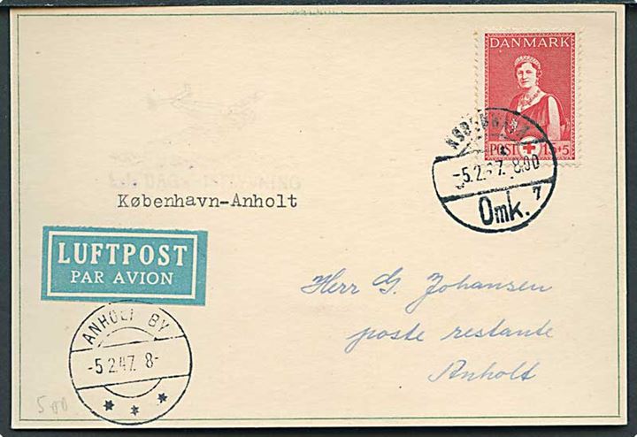 15+5 øre Røde Kors på isluftpost brevkort fra København d. 5.2.1947 til Anholt. Ank.stemplet Anholt By d. 5.2.1947. Filatelistisk.