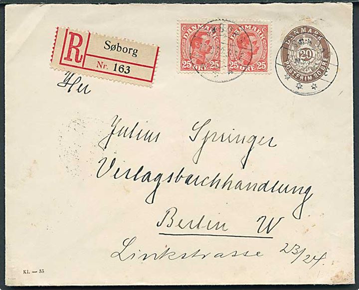20 øre helsagskuvert (fabr. Kl. 33) opfrankeret med 25 øre Chr. X i parstykke på anbefalet brev fra Søborg d. 10.10.1922 til Berlin, Tyskland. Bagklap mgl.