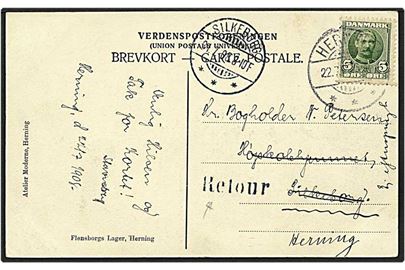 5 øre grøn Fr. VIII på postkort fra Herning d. 22.7.1908 til Silkeborg. Liniestempel med retour.
