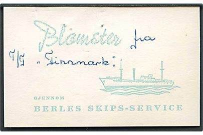 Lille kuvert fra Sigv. Chr. Berle A/S blomstehandler i Bergen med indlagt kort Blomster fra T/S Finnmark gjennom Berles Skips-Service til Søborg, Danmark. 