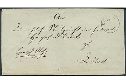 184x. Portofrit tjenestebrev påskrevet Herrschaftlich med 1½ ringsstempel Eutin d. 12.x.184x til Lübeck. Del af bagside mgl.