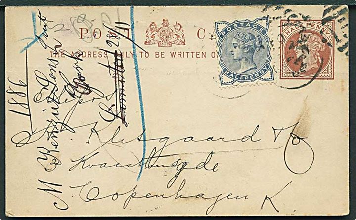 ½d Victoria helsagsbrevkort opfrankeret med ½d Victoria fra Cork d. 28.11.1886 til København, Danmark.