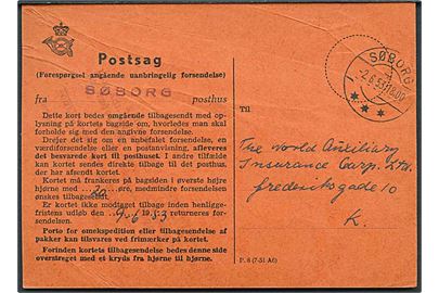 Forespørgsel vedr. uanbringelig forsendelse - P 8 (7-51 A6) -fra Søborg d. 2.6.1953 til København. 