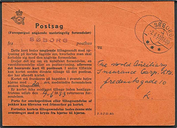 Forespørgsel vedr. uanbringelig forsendelse - P 8 (7-51 A6) -fra Søborg d. 2.6.1953 til København. 