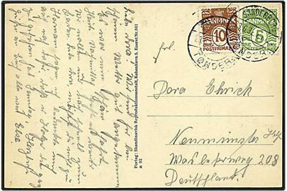 5 øre grøn og 10 øre brun bølgelinie på postkort fra Sønderborg d. 23.6.1932 til Tyskland. Sønderborg / Tønder: bureaustempel.