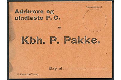 Vignet til Adressebreve og uindløste P.O. til København P. Pakke. F. Form. 29 (1/10 16).