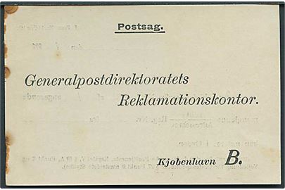 Postsag til Generalpostdirektoartets Reklamationskontor, København B. vedr. manglende forsendelse. P. Form. Nr. 14 (1/10 16).