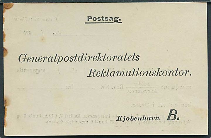 Postsag til Generalpostdirektoartets Reklamationskontor, København B. vedr. manglende forsendelse. P. Form. Nr. 14 (1/10 16).