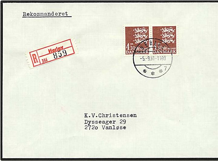 4,30 kr. brun rigsvåben på Rec. brev fra Herlev d. 5.9.1981 til Vanløse.