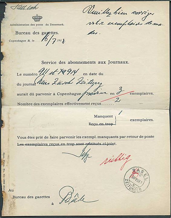 International formular (Opm. Form. No. 915 1200 22-2-16) fra Avispostkontoret d. 16.7.1918 til Basel, Schweiz vedr. avis til Hellebæk.
