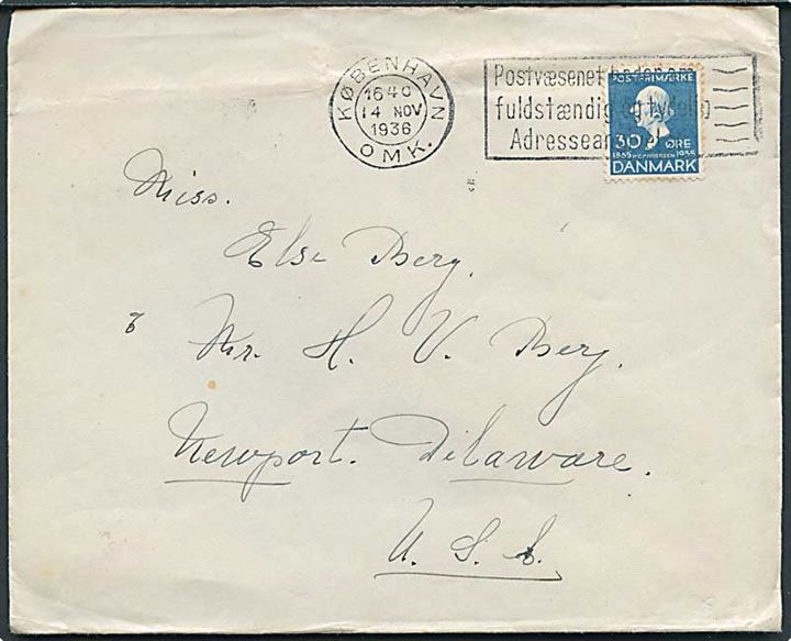 30 øre H.C.Andersen på brev fra København d. 14.11.1936 til Newport, USA.