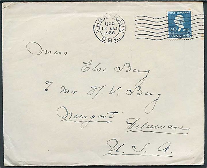 30 øre H.C.Andersen på brev fra København d. 14.5.1936 til Newport, USA.