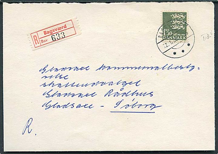 1,30 kr. Rigsvåben single på anbefalet brev fra Bagsværd d. 22.1.1966 til Søborg. Bagklap mgl.