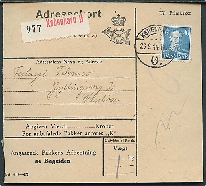 40 øre Chr. X single på adressekort for lokalpakke i København d. 23.8.1944 til Vanløse.
