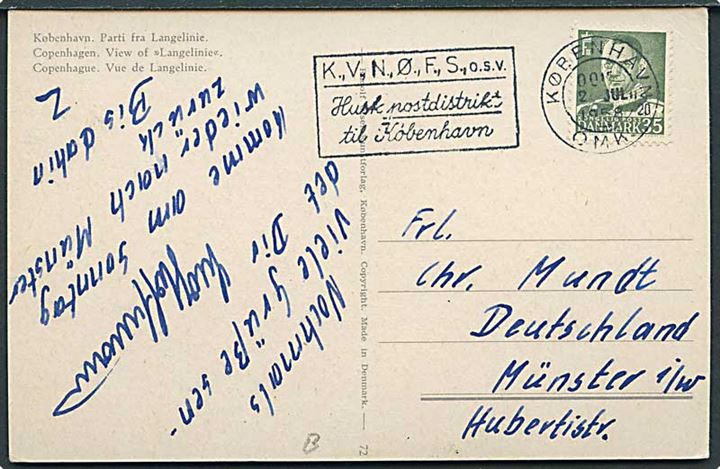 35 øre Fr. IX single på brevkort fra København d. 2.7.1958 til Münster, Tyskland.