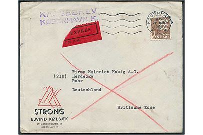 1 kr. Rigsvåben single på ekspresbrev fra København d. 22.3.1948 til Herdecke, Tyskland. Violet stempel: Kassebrev København K.