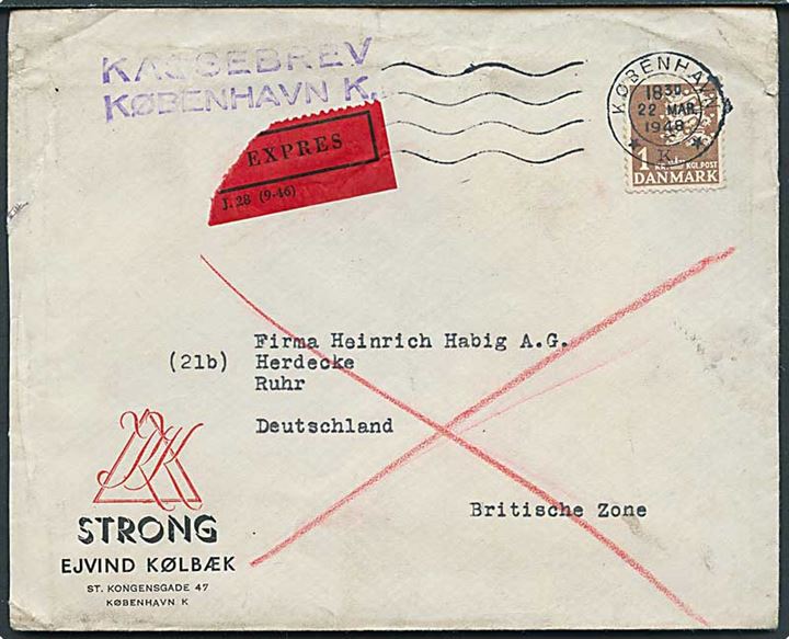 1 kr. Rigsvåben single på ekspresbrev fra København d. 22.3.1948 til Herdecke, Tyskland. Violet stempel: Kassebrev København K.