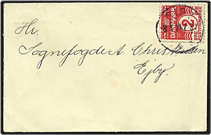 2 øre rød bølgelinie singelfrankatur på lokalt brev fra Ejby d. 8.1.1914.