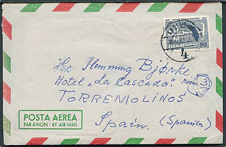 90 øre Dansk Sømandskirke single på luftpostbrev fra København d. 30.11.1967 til Torremolinos, Spanien.