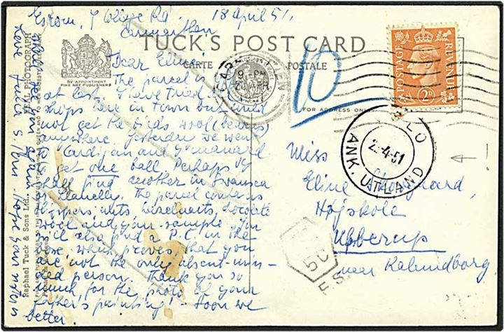 2 pence orange på postkort fra Carmarthem, England, d. 2.4.1951 til Ubberud. Kortet sendt via Oslo, Norge, og sat i porto med 1½0 øre.