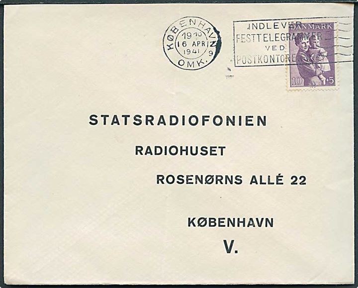 10+5 øre Børneforsorg single på uofficiel FDC sendt lokalt i København d. 16.4.1941.