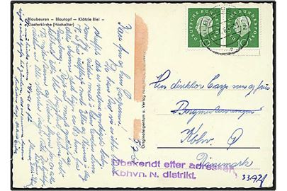 10 pfennig grøn på postkort fra Blaubeuren, Tyskland, d. 5.7.1961 til København. Liniestempel med Ubekendt efter adressen.