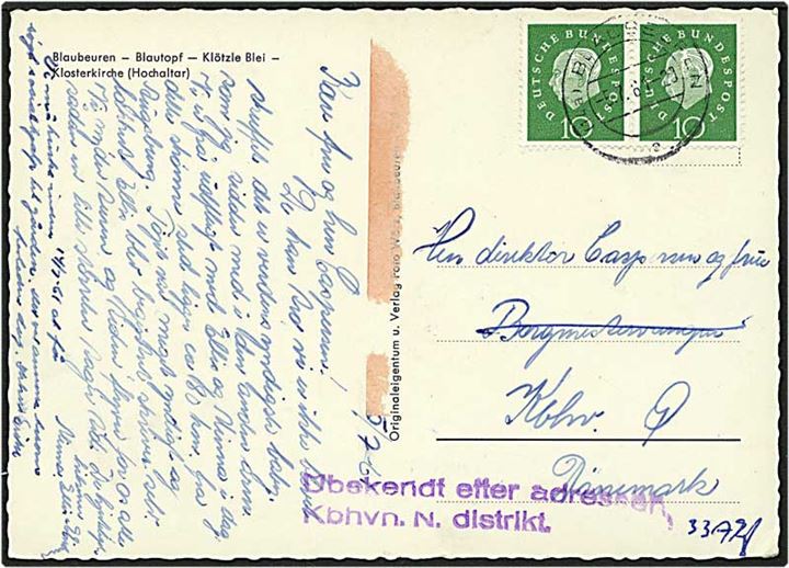 10 pfennig grøn på postkort fra Blaubeuren, Tyskland, d. 5.7.1961 til København. Liniestempel med Ubekendt efter adressen.