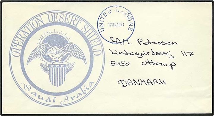 Ufrankeret brev fra Kuwait stemplet United Nations d. 17.5.1991 til Otterup.