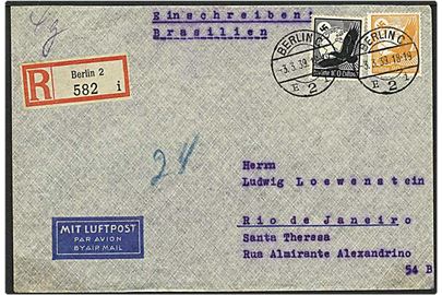 80 pfennig orange og 100 pfennig sort luftpost mærker på Rec. luftpost brev fra Berlin, Tyskland, d. 3.3.1939 til Rio de Janeiro, Brasilien.